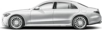 Sleek side profile of a luxury four-door sedan with smooth curves and modern alloy wheels