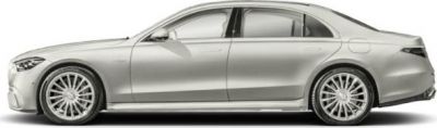 Aerodynamic luxury sedan profile with multi-spoke alloy wheels.