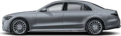 Side profile of a luxury sedan with sleek design and multi-spoke wheels