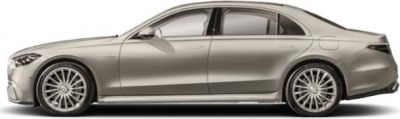 Side profile of luxury sedan with sleek body and large alloy wheels