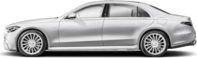 Luxury sedan side profile with extended wheelbase and multi-spoke alloy wheels