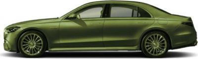 Side profile of luxury sedan with alloy wheels and green paint