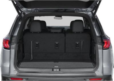 Rear cargo space with three upright seats in an SUV