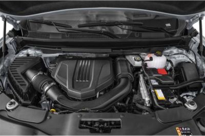 Engine bay with modern powertrain and components under hood