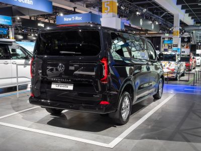 Rear view of black Volkswagen van with modern tail lights