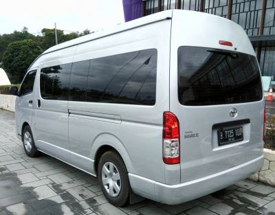 Rear side view of silver van with large windows and vertical tail lights