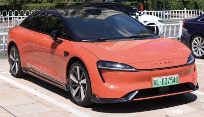 Front aerodynamic design with LED headlights on electric sedan