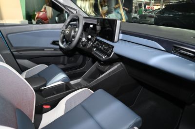 Digital dashboard and blue upholstery interior