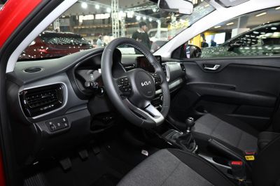 Steering wheel, manual transmission, black and gray seats interior