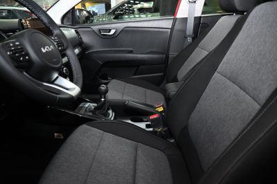 Manual gearshift, dual-tone fabric seats, modern car interior