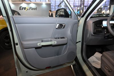 Close-up of a car's interior door panel with handle and control buttons