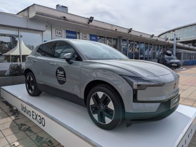 Sleek electric SUV with aerodynamic wheels and distinctive LED headlights