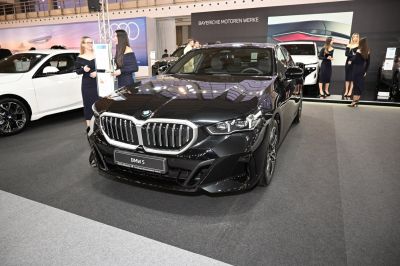 Front grille and LED headlights of a luxury sedan