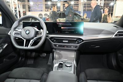 Digital dashboard and multifunction steering wheel in car interior