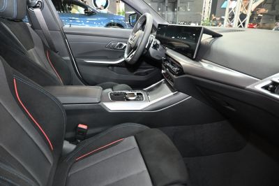 Modern car interior with digital display and sleek dashboard design