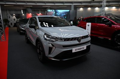 Front view of an electric SUV with LED headlights and sleek design