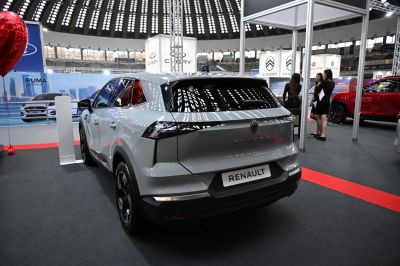 Rear view of futuristic electric SUV with sleek tail lights
