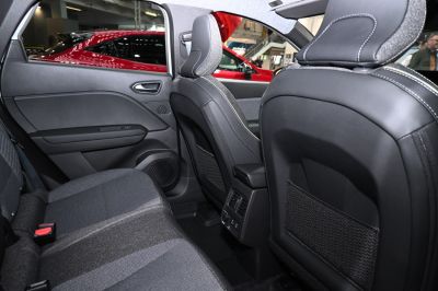 Rear seating area with fabric and leather upholstery and rear ventilation controls