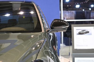 Close-up of car side mirror and emblemmed interior headrest