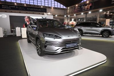 Sleek front fascia and stylish headlights on modern electric SUV