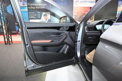 Driver-side car door panel with controls and speaker grille