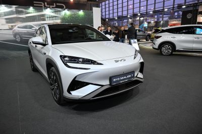 Sleek car front with slim headlights and modern design