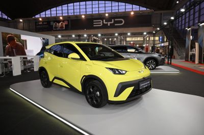 Yellow electric subcompact hatchback with modern styling