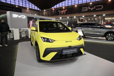 Compact electric small hatchback front view with LED headlights