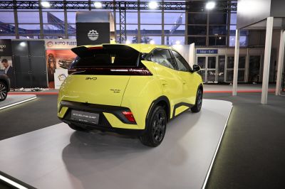 Rear view of electric compact SUV with LED tail lights and sporty wheels