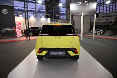 Rear view of electric hatchback with continuous LED tail light strip
