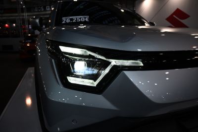 Close-up of modern LED headlight with sharp light signature