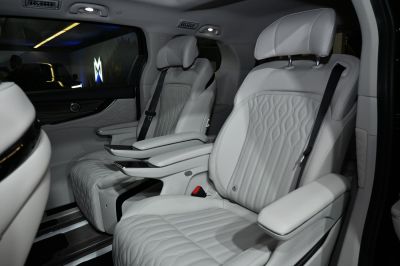 Plush quilted leather seats with armrests and seatbelts