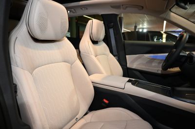 Beige leather front seats and interior door panel