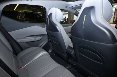 Rear passenger seats and door panel with light gray upholstery.