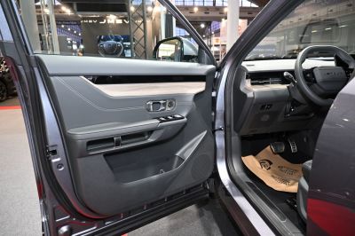 Driver side door panel and dashboard interior with controls and pedals
