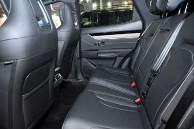 Rear seat interior with leather upholstery and modern design.
