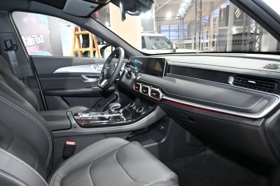 Modern car interior with digital displays and sleek dashboard layout