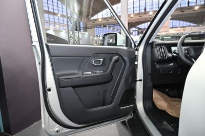 Interior door panel with controls and partial dashboard view