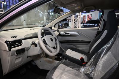 Modern interior dashboard and front seats with white and black design