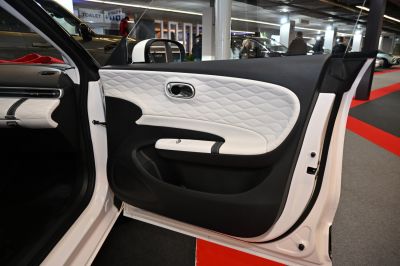 Quilted black and white car door panel with handle and speaker
