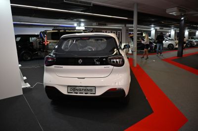Electric compact hatchback rear with LED taillights and black trim