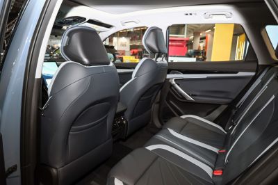 Spacious rear seating with black and gray leather upholstery