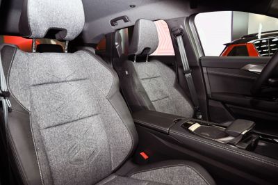 Fabric seats and center console inside vehicle