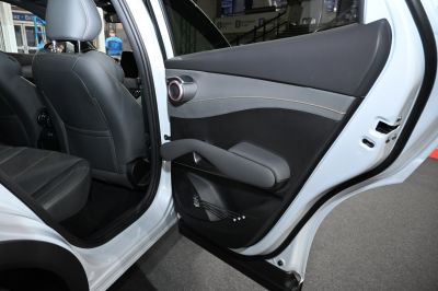 Rear door panel with armrest, speaker, and back seat interior details