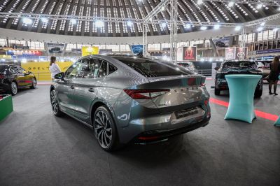 Rear view of sleek Skoda SUV with LED tail lights and alloy wheels