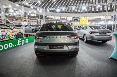 Rear view of updated Enyaq Coupe with tail lights and Sportline badge