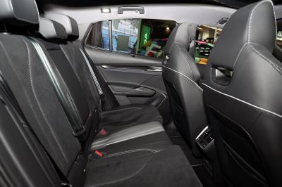 Rear seat interior with premium leather and fabric upholstery