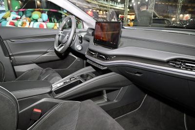 Modern car interior with digital dashboard and touchscreen display