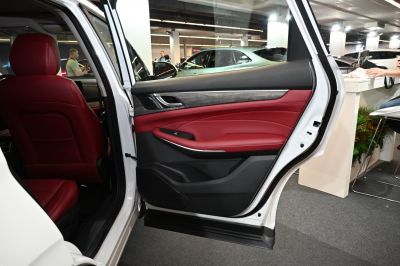 Red leather trimmed rear door interior with wood-grain accent