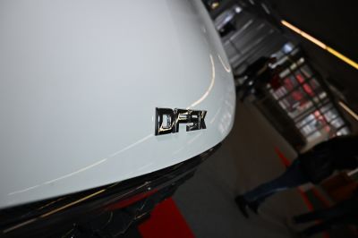 Close-up of shiny DFSK emblem on white surface
